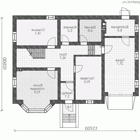 V-200-1P проект двухэтажного коттеджа из пенобетона с гаражом размером 14 на 11 - 1-й этаж