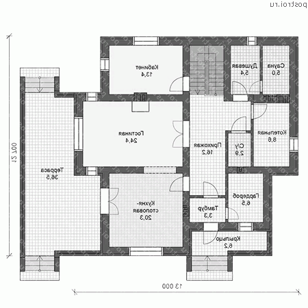V-213-1K проект двухэтажного дома из кирпича размером 13 на 13  - 1-й этаж