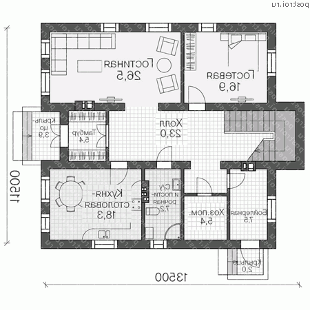 V-216-1P проект двухэтажного дома из пенобетона размером 12 на 14  - 1-й этаж