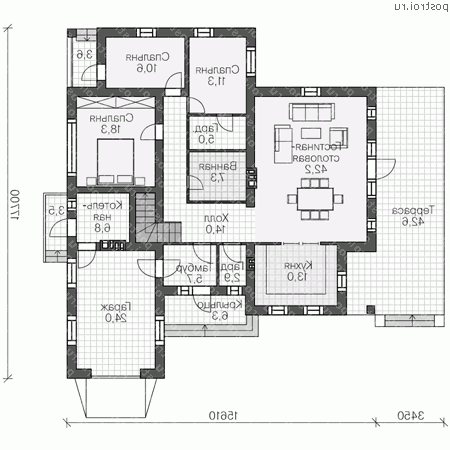 V-245-1P проект одноэтажного дома из газобетона с мансардой и гаражом размером 18 на 16 - 1-й этаж