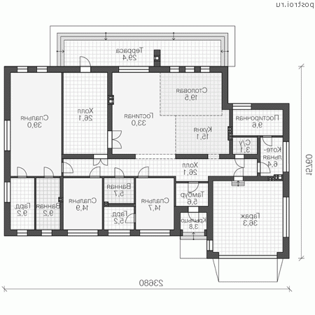 V-279-1K проект одноэтажного дома из кирпича с гаражом размером 24 на 16  - 1-й этаж