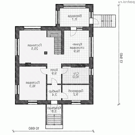 V-305-1K проект двухэтажного коттеджа из кирпича с цоколем размером 14 на 11  - 1-й этаж