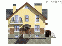 V-305-1K проект двухэтажного коттеджа из кирпича с цоколем размером 14 на 11  - вид спереди