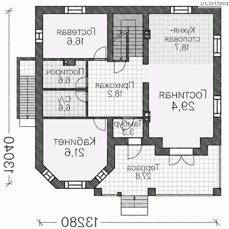 V-392-1P проект трехэтажного дома из газобетона с цоколем и мансардой размером 13 на 13  - 1-й этаж