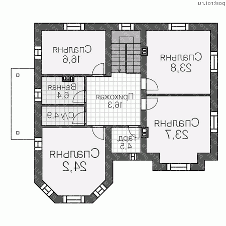 V-392-1P проект трехэтажного дома из газобетона с цоколем и мансардой размером 13 на 13  - 2-й этаж