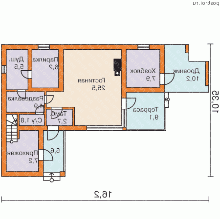W-116-1P проект двухэтажного коттеджа из пенобетона размером 10 на 16  - 1-й этаж
