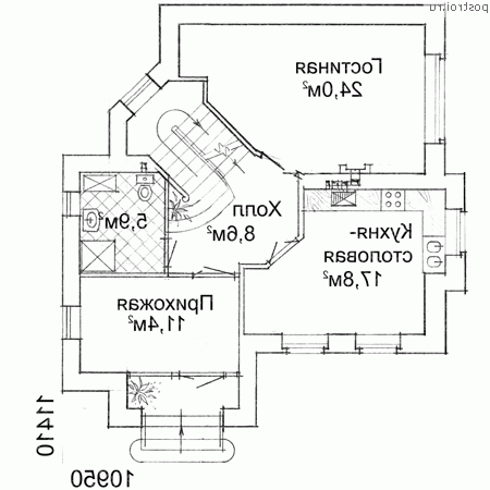 W-130-1K проект двухэтажного коттеджа из кирпича размером 11 на 11  - 1-й этаж