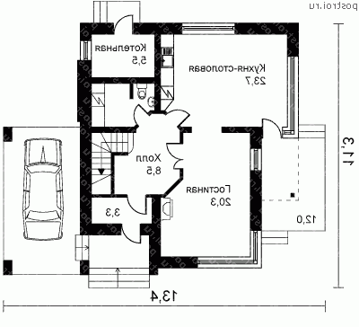 W-145-1P проект двухэтажного дома из газобетона с гаражом размером 10 на 13  - 1-й этаж