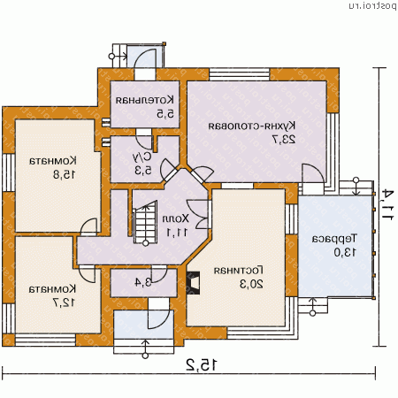 W-169-1P проект двухэтажного дома из пеноблоков размером 11 на 15  - 1-й этаж