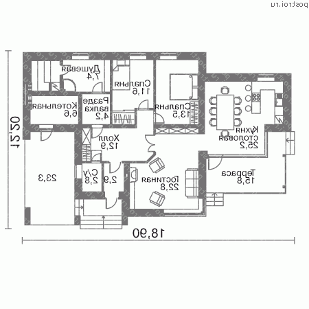 W-172-1P проект одноэтажного дома из газобетона с мансардой и гаражом размером 12 на 19  - 1-й этаж