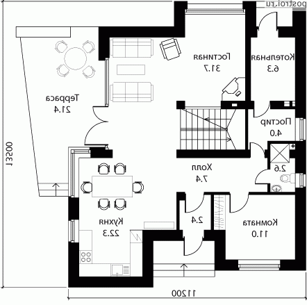 W-184-1K проект двухэтажного дома из кирпича размером 14 на 11  - 1-й этаж