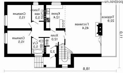 W-187-1K проект двухэтажного дома из кирпича размером 11 на 19  - 1-й этаж
