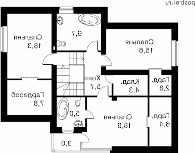 W-194-1P проект двухэтажного коттеджа из пенобетона с гаражом размером 13 на 14  - 2-й этаж