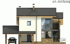 W-213-1P проект двухэтажного дома из пенобетона с цоколем и гаражом размером 11 на 15  - вид спереди