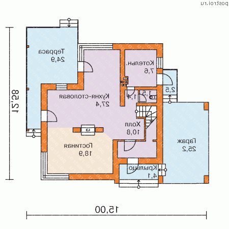 W-215-1P проект двухэтажного дома из пеноблоков с гаражом размером 10 на 13  - 1-й этаж