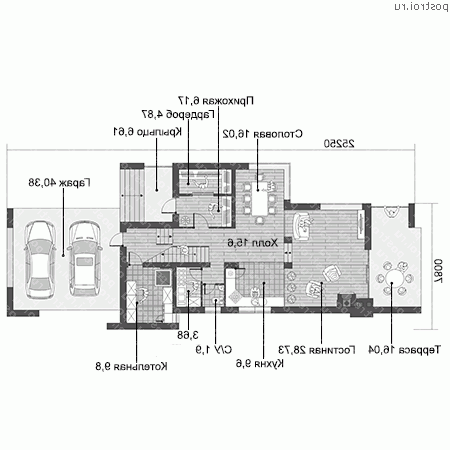 W-231-1P проект двухэтажного коттеджа из пенобетона с гаражом размером 8 на 25  - 1-й этаж
