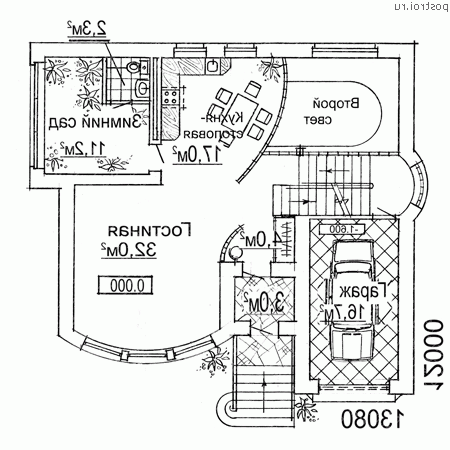 W-255-1K проект двухэтажного коттеджа из кирпича с цоколем и мансардой и гаражом размером 12 на 13  - 1-й этаж
