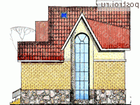 W-255-1K проект двухэтажного коттеджа из кирпича с цоколем и мансардой и гаражом размером 12 на 13  - вид слева