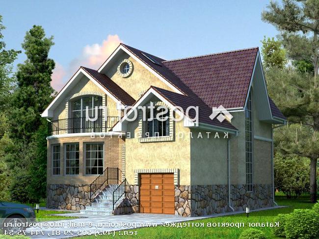 W-255-1K проект двухэтажного коттеджа из кирпича с цоколем и мансардой и гаражом размером 12 на 13 