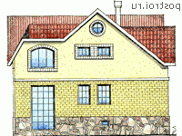 W-255-1K проект двухэтажного коттеджа из кирпича с цоколем и мансардой и гаражом размером 12 на 13  - вид сзади