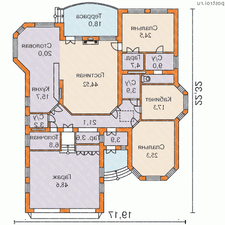 W-263-1K проект одноэтажного дома из кирпича с гаражом размером 19 на 22  - 1-й этаж