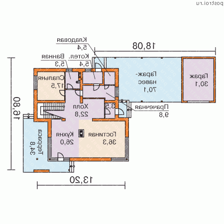 W-270-1P проект двухэтажного дома из пеноблоков с гаражом размером 17 на 13  - 1-й этаж