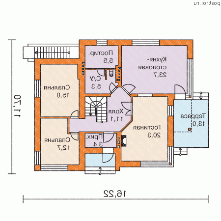 W-271-1K проект двухэтажного дома из кирпича с цоколем размером 10 на 13  - 1-й этаж