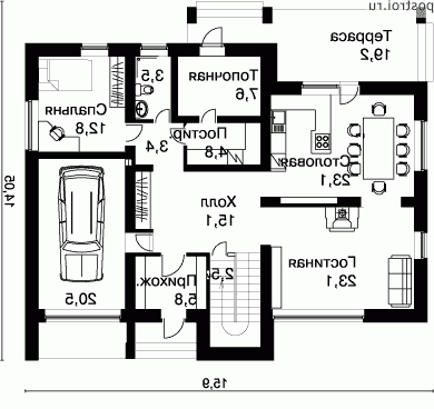 W-298-1P проект двухэтажного дома из пенобетона с гаражом размером 14 на 16  - 1-й этаж