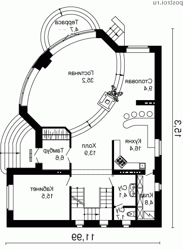 W-338-1K проект двухэтажного дома из кирпича с цоколем размером 12 на 15  - 1-й этаж