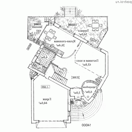 W-346-1K проект двухэтажного дома из кирпича с цоколем и мансардой и гаражом размером 19 на 14 - 1-й этаж W-346-1K проект двухэтажного дома из кирпича с цоколем и мансардой и гаражом размером 19 на 14 - 1-й этаж