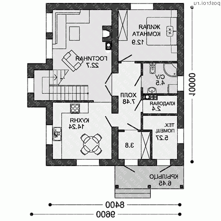X-147-1P проект двухэтажного дома из газобетона размером 10 на 10  - 1-й этаж