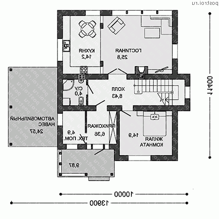 X-150-5P проект двухэтажного дома из пеноблоков с гаражом размером 11 на 14  - 1-й этаж