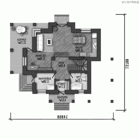 X-163-1P проект двухэтажного дома из пеноблоков размером 14 на 14 - 1-й этаж
