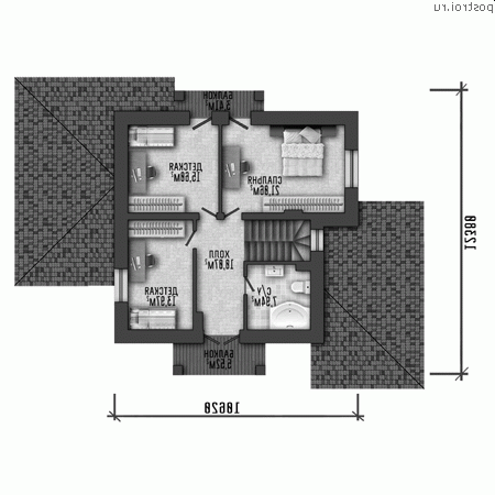 X-163-1P проект двухэтажного дома из пеноблоков размером 14 на 14 - 2-й этаж
