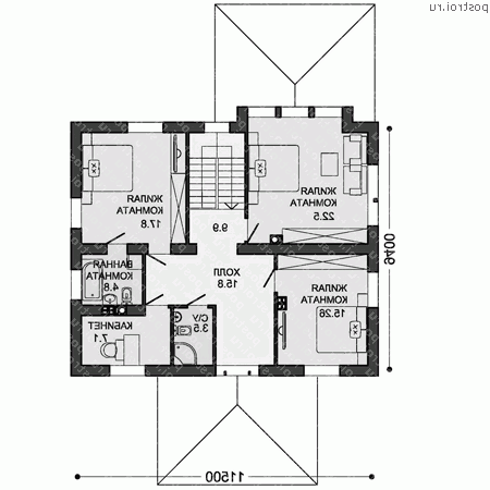 X-194-1P проект двухэтажного коттеджа из пенобетона размером 17 на 12 - 2-й этаж X-194-1P проект двухэтажного коттеджа из пенобетона размером 17 на 12 - 2-й этаж