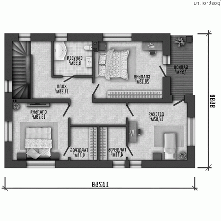 X-205-2P проект двухэтажного дома из пенобетона размером 12 на 13 - 2-й этаж