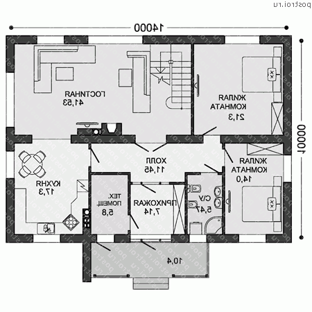 X-216-1P проект двухэтажного дома из пенобетона размером 14 на 10  - 1-й этаж