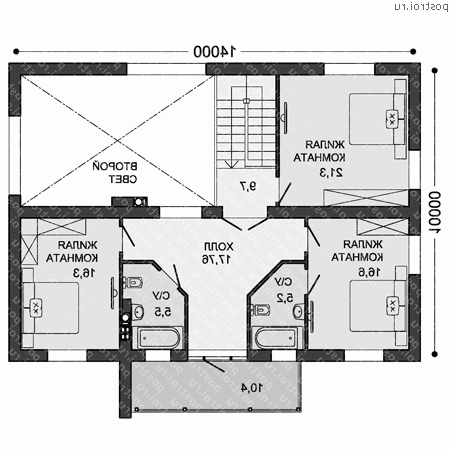 X-216-1P проект двухэтажного дома из пенобетона размером 14 на 10  - 2-й этаж