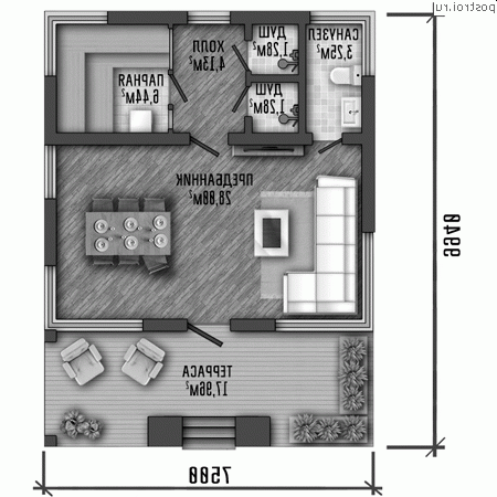 Y-050-1P проект одноэтажной бани из пеноблока размером 8 на 10 - 1-й этаж