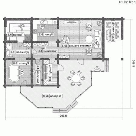 Y-088-1D проект одноэтажной деревянной бани из бревна размером 12 на 16  - 1-й этаж