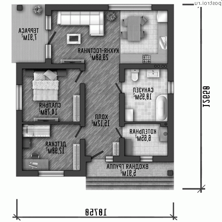Y-103-1P проект одноэтажного коттеджа из пенобетона размером 11 на 13 - 1-й этаж