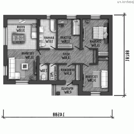 Y-112-2P проект одноэтажного коттеджа из пенобетона размером 15 на 11 - 1-й этаж