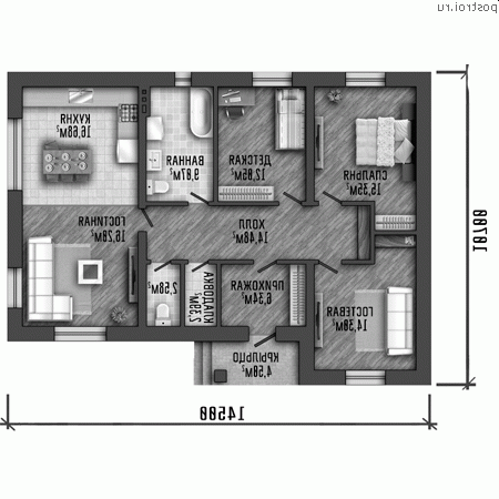 Y-112-3P проект одноэтажного коттеджа из пенобетона размером 15 на 11 - 1-й этаж