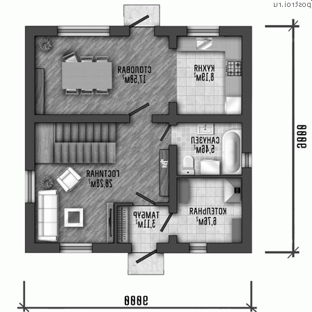Y-120-1P проект двухэтажного коттеджа из пенобетона размером 9 на 9 - 1-й этаж