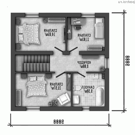 Y-120-1P проект двухэтажного коттеджа из пенобетона размером 9 на 9 - 2-й этаж