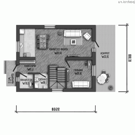 Y-124-1P проект двухэтажного коттеджа из газобетона размером 8 на 10 - 1-й этаж