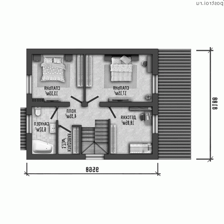 Y-124-1P проект двухэтажного коттеджа из газобетона размером 8 на 10 - 2-й этаж