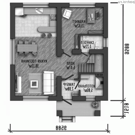 Y-134-1P проект двухэтажного дома из газобетона размером 10 на 10 - 1-й этаж