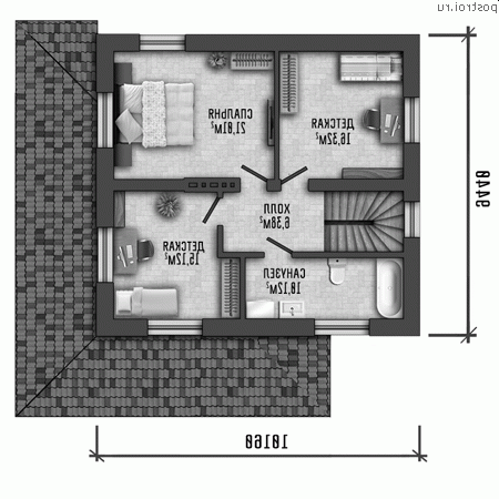 Y-142-1P проект двухэтажного дома из газобетона размером 12 на 11 - 2-й этаж