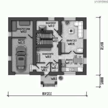 Y-143-1P проект двухэтажного дома из газобетона с гаражом размером 13 на 10 - 1-й этаж Y-143-1P проект двухэтажного дома из газобетона с гаражом размером 13 на 10 - 1-й этаж